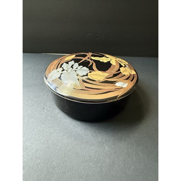Museum Of Fine Arts Japanese Trinket Box Handpainted Black Gold Asian Porcelain - Picture 2 of 7